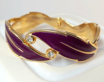 Vintage Purple Clamper Bracelet Statement Gold Tone Leather Look Jewelry Hinged Bangle Gift for Women