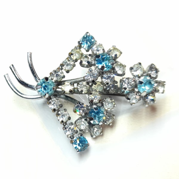 1950s Vintage Rhinestone Brooch Something Blue Wedding Jewellery Silver Tone Atomic Wire Flower Diamanté Pin Mid Century Jewellery