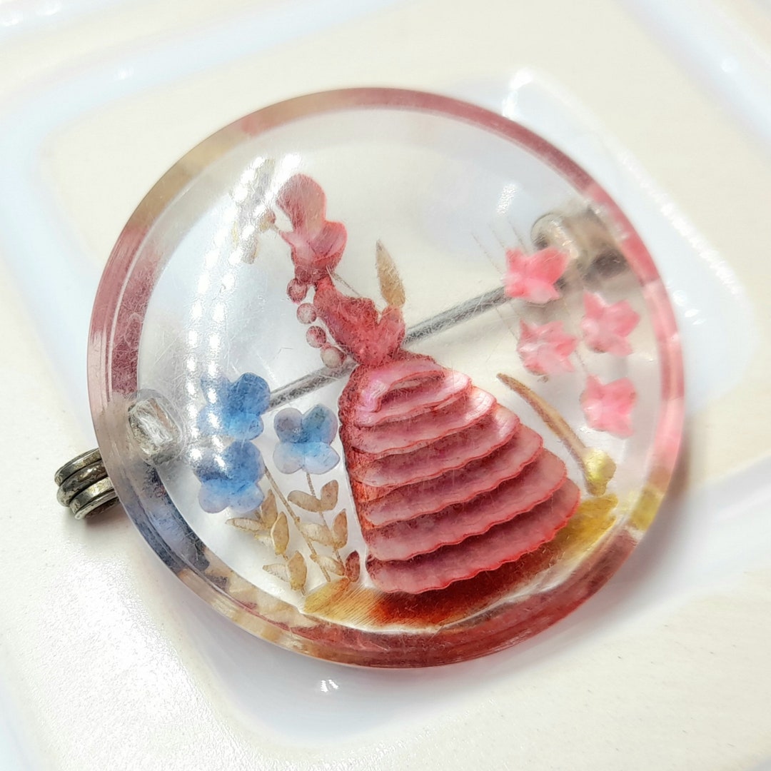 Lapel Pin Reverse Vintage Lucite Brooch - Reverse Carved Lapel Pin - Crinoline Lady ...