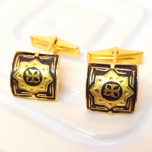 Vintage Gold Tone Cufflinks Square Spanish Toledo Ware Damascene Jewellery for Men Gift from Groom or Best Man