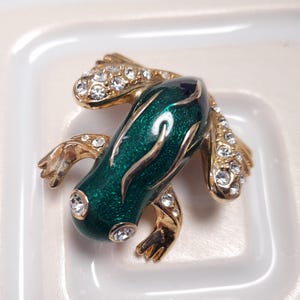 Vintage Green Frog Brooch Enamel and Rhinestone Lapel Pin Natural Lover Gift