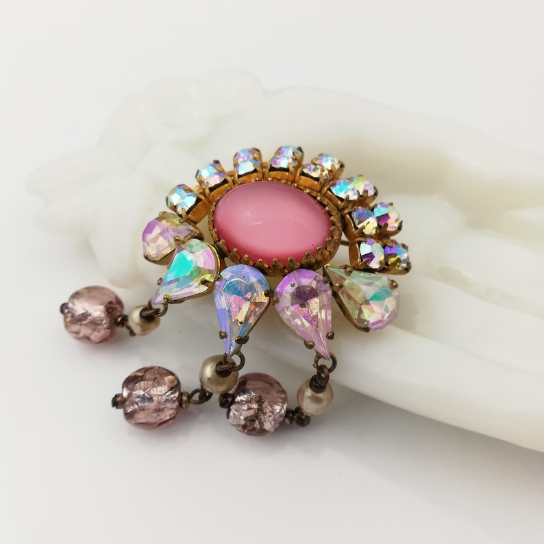 Pink Rhinestone Brooch with Drops Christmas Gift for Her Gift for Women Sustainable Fashion Vintage Trombone Clasp