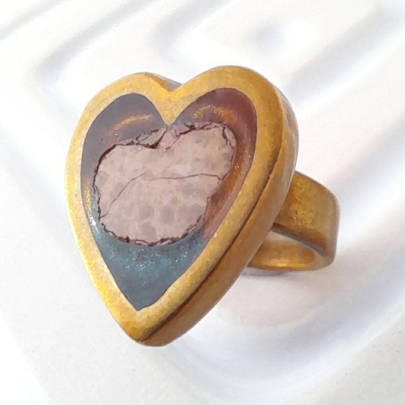 Gift for Her Enamel Heart Ring Mothers Day Present 1970s Boho Jewellery Hand Crafted Jewellery Vintage Copper Tone Ring