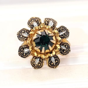 Vintage Faux Damascene Ring with Green Stone UK Size K Spanish Souvenir Jewellery