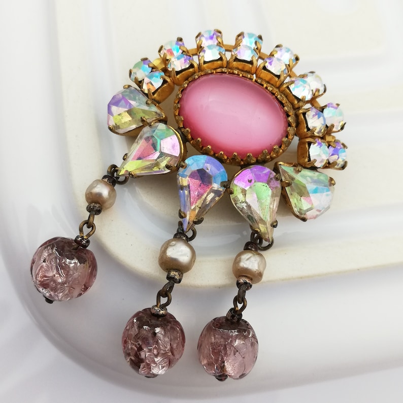 Pink Rhinestone Brooch with Drops Christmas Gift for Her Gift for Women Sustainable Fashion Vintage Trombone Clasp