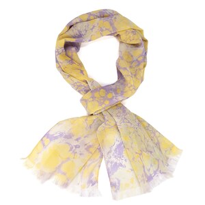 Long Marbled Scarf, Hand Painted Neck Scarf Women, Yellow Crepe Chiffon Stole, Hand Dyed Shoulder Wrap Head Covering, Unique Gift for Her