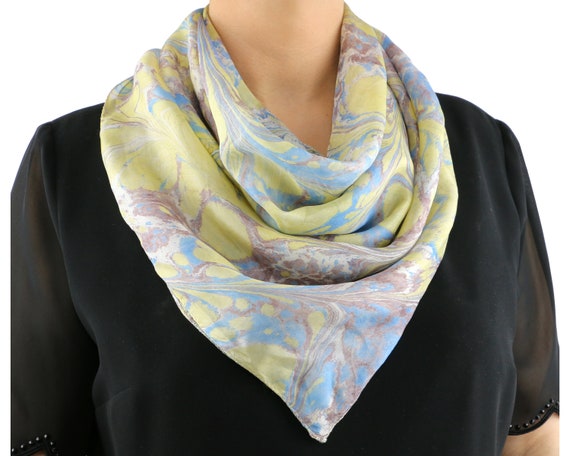 Yellow and Blue Pattern Mulberry Silk Neck Scarf SHIROUYU 100% Mulberry Silk Scarf 21  main image 2