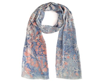 Long Marbled Scarf, Crepe Neck Scarf, Chiffon Head Scarf, Hand Painted Scarf Women, Blue Salmon Pink Hair Wrap Stole, Hand Dyed Gift
