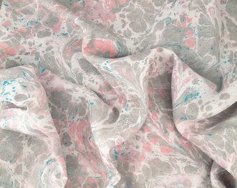 Hand Marbled Fabric, Hand Dyed Linen Fabric Wide, Unique Marble Fabric Art, Hand Painted Fabric for Clothing Bedding Gray Pink 1.2x1.9 yard