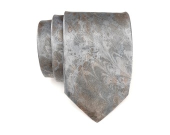 Handmade Marbled Mens Ties, Hand Painted Neck Tie, Gray Brown Business Necktie, Groom Cravat Groomsmen Wedding Tie Unique Gift for Him