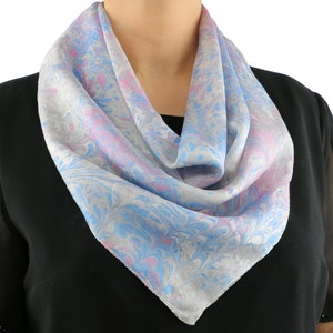 Marbled Silk Scarf Hand Painted, Blue Pink Silk Chiffon Scarf Square, 100% Pure Mulberry Silk Scarf, Hand Dyed Designer Scarf Silk 35x35&quot;