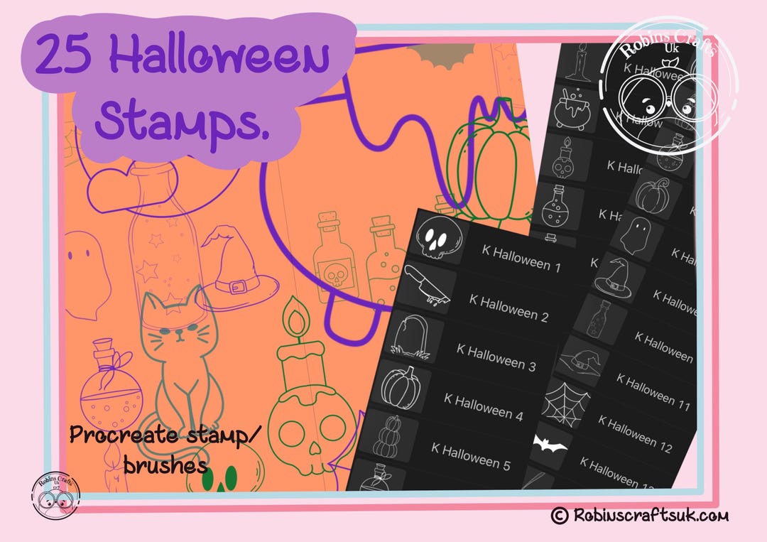 Kawaii Halloween Procreate Brush Set – Hand-drawn Stamps (digital ...