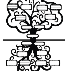 May include: Black and white family tree chart with the text "My Family Tree". The tree design includes spaces for names of family members, from great-grandparents to the individual. The bottom right corner has the text "CHERYL JOHNSON 2016".