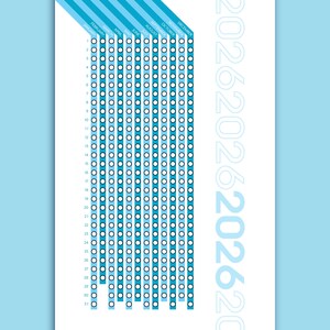 May include: A light blue 2026 calendar with a vertical layout. Each month is represented by a column of circles, with the days of the month numbered down the side. The year 2026 is printed vertically on the right side of the calendar.