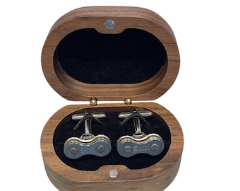 Upcycled Bicycle Chain Cufflinks In Personalised Walnut Gift Box