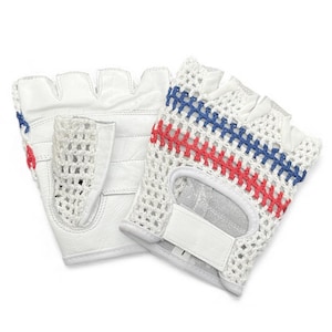 May include: White fingerless gloves with a crochet design. The gloves have red and blue accents on the back. They feature a white velcro strap and are made of leather and crochet material.
