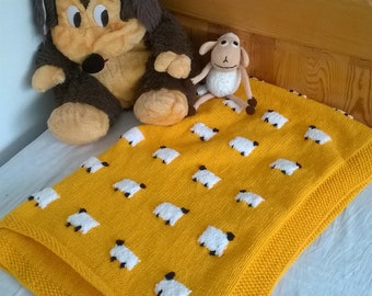 Hand-knitted wool baby blanket with sheep Favourite children quilt with sheep Wool Throw Hand-made Gift for baby