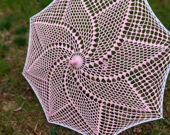 Parasol victorien rose clair crocheté à la main – Mariage fait main, accessoire photo (90 cm de diamètre)