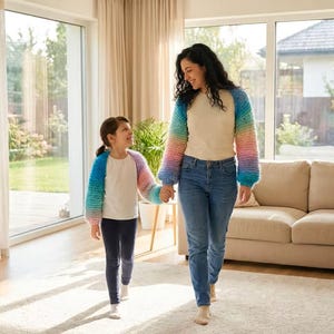 May include: Two matching bolero shrugs featuring a chunky knit texture with a vibrant gradient colour pattern transitioning from blue to pink and yellow. These open-front garments have long sleeves with ribbed cuffs and are worn over plain white shirts.
