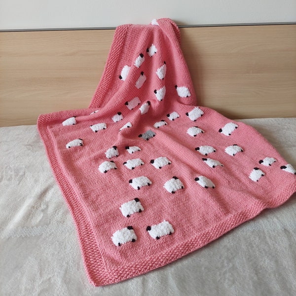 Hand-knitted wool baby blanket with sheep Favourite children quilt with sheep Hand-made Wool Throw Gift for children