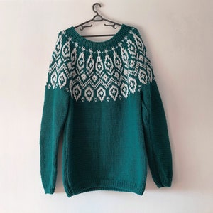 Hand-knitted Nordic knit pullover Hand-made soft and fuzzy wool Icelandic sweater Women's sweater turquoise color size L Ready to ship