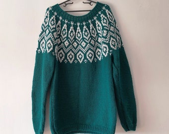 Hand-knitted Nordic knit pullover Hand-made soft and fuzzy wool Icelandic sweater Women's sweater turquoise color size XS-S Ready to ship