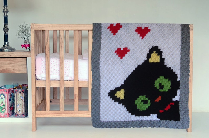 Hand-crochet wool baby blanket with Black Cat Favourite children quilt with Cat Handmade Halloween blanket