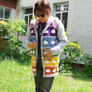 Hand-knitted cardigan with sheep Hand-made soft and fuzzy wool vest Women's wool rainbow waistcoat Long cardigan with hood