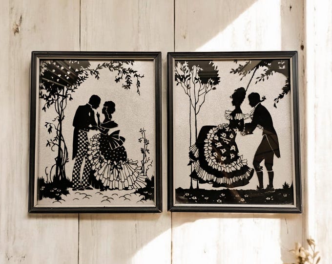 Set of 2 Vintage Deltex Reverse Hand Painted Silhouette Wall Art