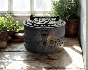 Vintage Round Pierced Brass Trinket Box | Cricket Box
