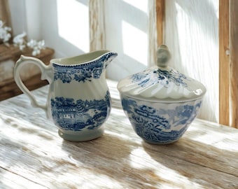 Vintage Brook Blue Sugar Bowl & Creamer Set