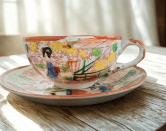 Vintage Japanese Kutani Porcelain Teacup & Saucer Set