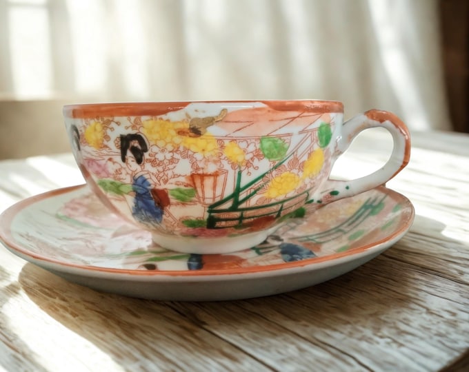 Vintage Japanese Kutani Porcelain Teacup & Saucer Set