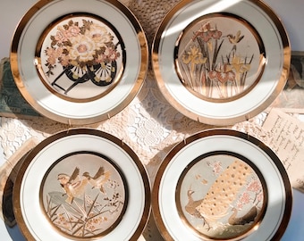 Vintage Japanese Chokin Art Collectible 7 1/2" Plates with Various Scenes Engraved & Guilded in Silver and Gold with 24k Gold Trim