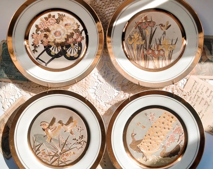 Vintage Japanese Chokin Art Collectible 7 1/2" Plates with Various Scenes Engraved & Guilded in Silver and Gold with 24k Gold Trim