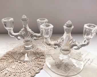 Set of 2 Vintage Heisey Gardenia Double Light Glass Candlesticks