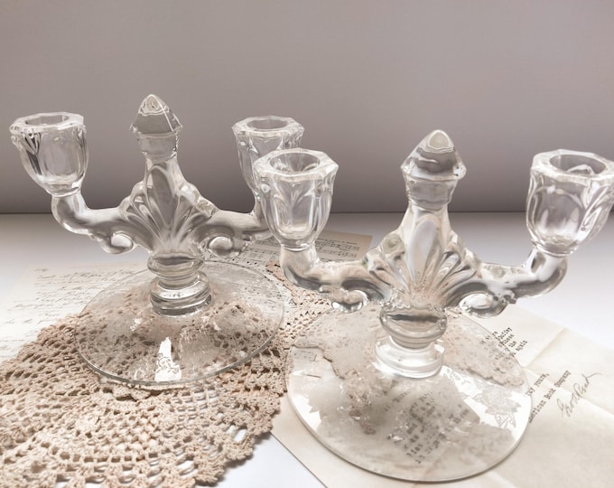 Set of 2 Vintage Heisey Gardenia Double Light Glass Candlesticks