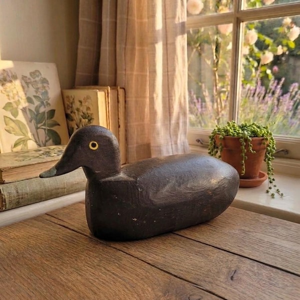 Antique Hand Carved Wooden Black Duck Decoy
