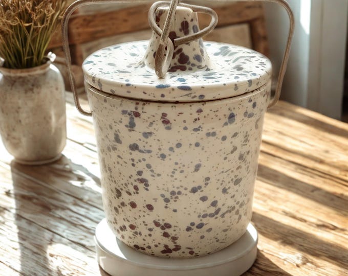 Vintage Blue Speckled Stoneware Cheese or Butter Crock