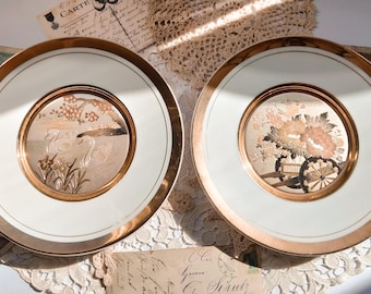 Vintage Japanese Chokin Art Collectible Plate with 2 Swans or Flower Cart Engraved & Guilded in Silver and Gold with 24k Gold Trim
