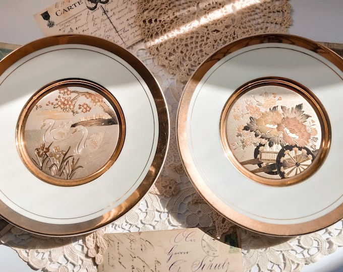 Vintage Japanese Chokin Art Collectible Plate with 2 Swans or Flower Cart Engraved & Guilded in Silver and Gold with 24k Gold Trim
