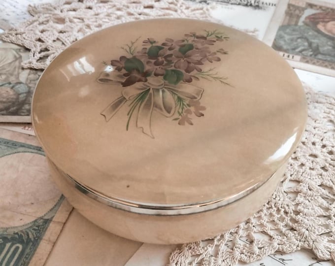 Vintage Round Alabaster Jewelry Box, Trinket Dish