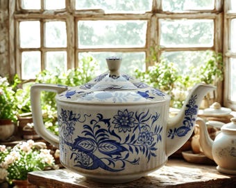 Vintage Sadler Blue Onion Ribbed Teapot