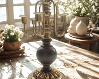 Vintage Dilly Brass & Wood 6-Arm Candelabra