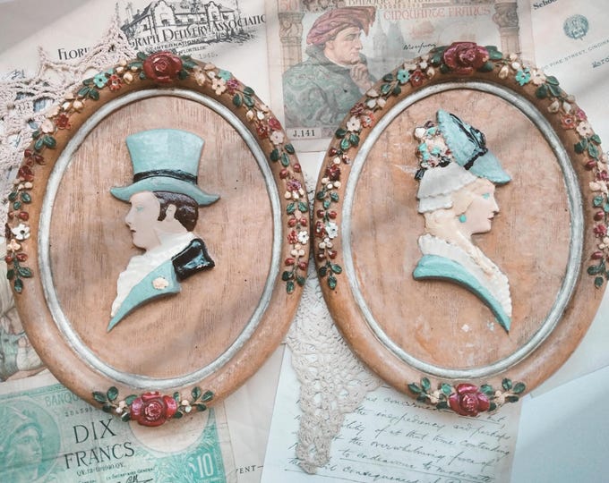Set of Vintage Victorian Man & Women Cameo Silhouette Wall Decor