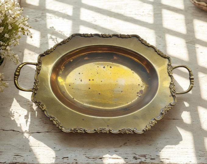Vintage Brass Serving Tray with Handles