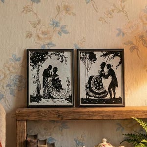 Set of 2 Vintage Deltex Reverse Hand Painted Silhouette Wall Art