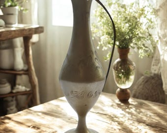 Vintage Solid Brass Etched Water Pitcher