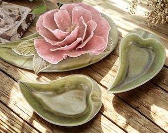 Vintage Porcelain Flower Trinket Dish with Lid & 2 Small Dishes