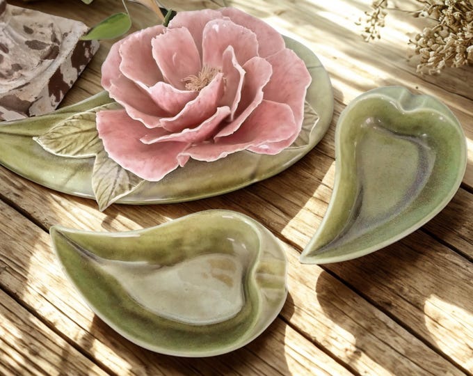 Vintage Porcelain Flower Trinket Dish with Lid & 2 Small Dishes